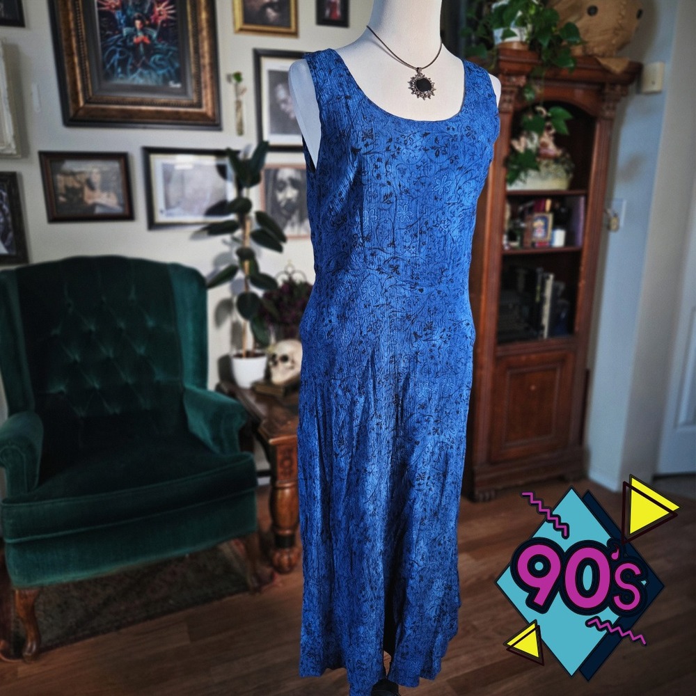 Rabbit Rabbit Rabbit Dress Vintage 90s 10P Blue Floral Rayon Maxi Sleeveless USA